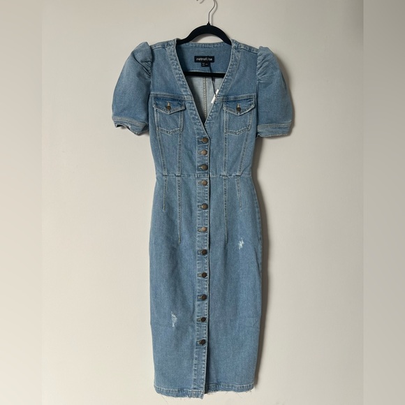 NWT Retrofete Annie Denim Button Up Puff Sleeve Dress in Laguna XS - Picture 5 of 16